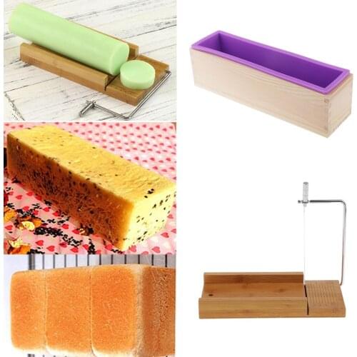 2pcs/set Wooden Stainless Steel Soap Cutter with Wire Slicer + Rectangle Silicone Soap Making Loaf Mould 900ml