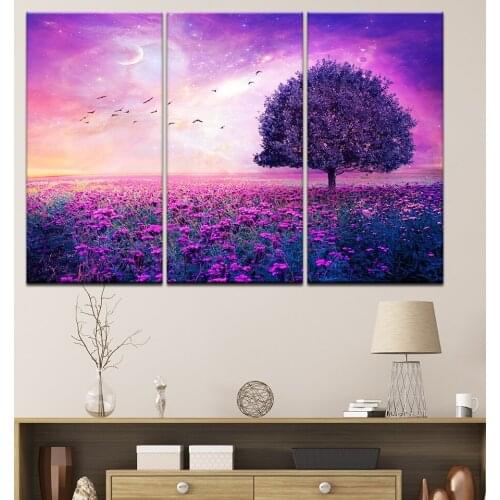 3 panel Tree on Purple Flower Sea Creative Canvas Painting Bird Sky on Canvas Landscape Wall Art Picture Living Room Home Decor