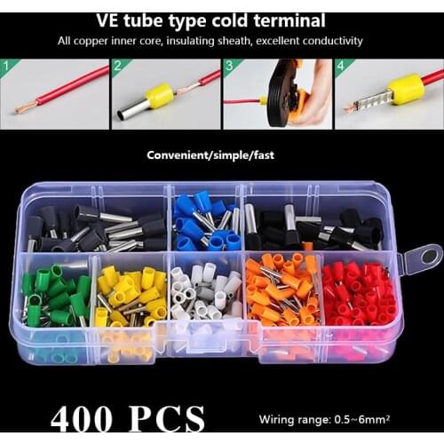 400 Pieces of VE Tube Terminal 8-color Copper Wire Crimp Connector Insulated Wire Pin End Terminal Kit Cold-pressed Terminal