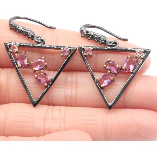 40x28mm Unique Jewelry Set Gothic Trangle Created Pink Tourmaline Black Gold Silver Pendant Earrings Hiphop