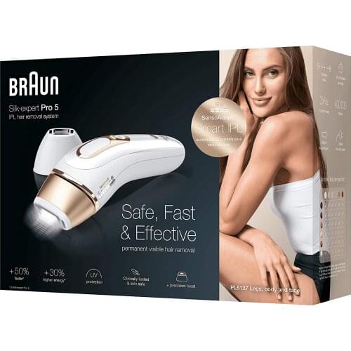 Braun IPL Silk Pro 5 PL5137 Generation IPL Permanent Visible Hair Removal for Women and for Men with Deluxe Pouch venus Razor