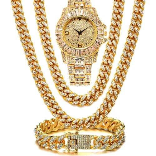 Iced Out Watch for Men Women Hip Hop Rapper Miami Cuban Chain Gold Iced Out Necklace Paved Rhinestone Bling Men Jewelry 3pcs/Set