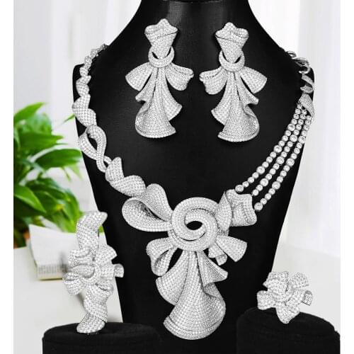 KellyBola Luxury 4PCS Jewelry Set Nigerian CZ Flower Bangle Ring Necklace Dangle Earrings for Women Bridal Wedding Jewelry Sets