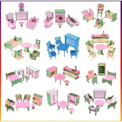 Simulation Miniature Wooden Furniture Toys Dolls Kids Baby Room Play Toy Furniture DollHouse Wood Furniture Set For Dolls