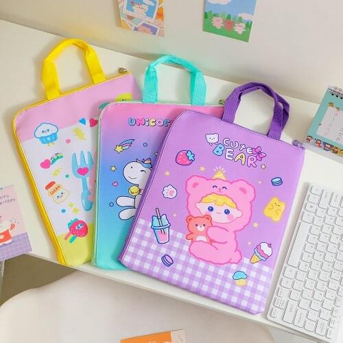 Kawaii A4 Leather Handbag Korean INS Cartoon Little Girls Laptop Bag File Package 13 13.3inch Mac iPad Case Holder