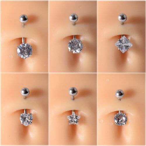 CHUANCI 6PC /Card Heart&Round&Square Surgical Steel& ZC Gem Navel Belly Rings Piercing Belly Button Rings For Woman 14g