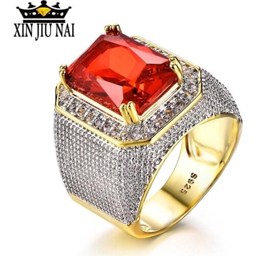 925 anillos silver Rock exaggerated mens 18k gold zircon ring micro set with ruby hip hop ring Vintage cowboy man jewelry