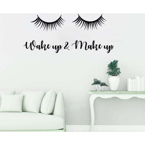 Wake Up and Make Up Wall Decal Decor Vinyl Stickers Beauty Lashes Eyelashes Women Wall Sticker Quote Girls Room Bedroom Z792