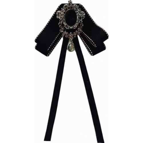 New Retro Rhinestone Long Ribbon Bow Tie Jewelry Brooch Womens Shirt Collar Flower Business Office Casual Neckties Accessories