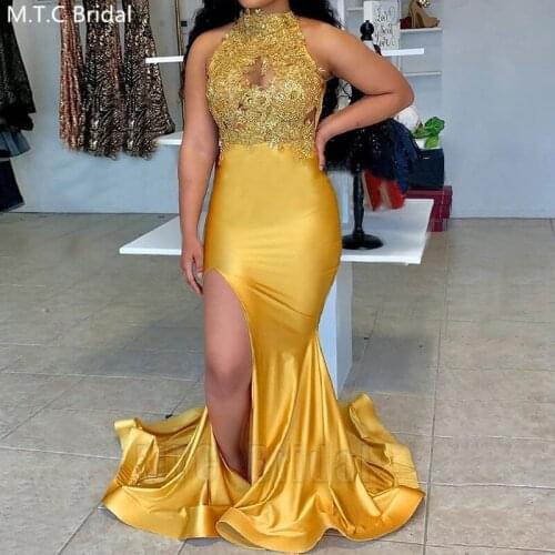 2020 Gold Backless Mermaid Black Girls Prom Dresses With Slit Beading Lace Elastic Satin Formal Dress For Graduation Party