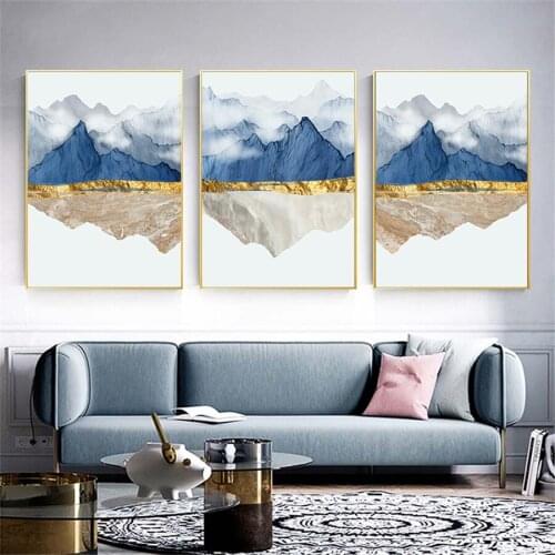 Modern Abstract Canvas Poster Golden Blue Mountain Wall Art Painting Posters and Prints Wall Pictures for Living room Home Decor