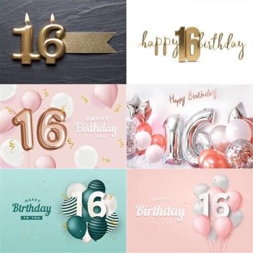 Photo Studio Props Vinyl Photography Backdrop Sixteenth Birthday Balloon Cake Decor Sixteen Year Old 16St Birthday Decoration