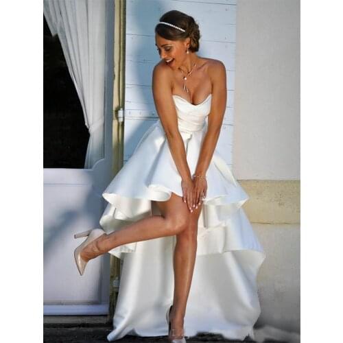 High Low Satin Strapless Wedding Bride Dress Lacing Corset Back Simple Princess Sweetheart Bridal Gown for Guest Plus Size