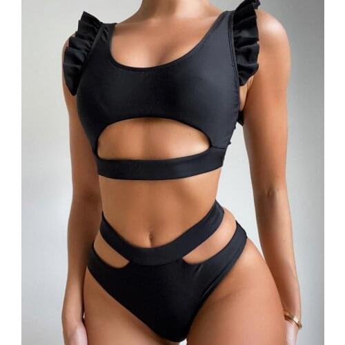 Sexy Womens Swimsuit Solid Color Ruffle Hollowed 2Pcs Bikini Set Push Up Padded Split Swimwear Summer Bathing Suit Beachwear