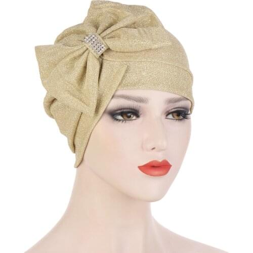 HanXi Metallic Thread Beanie Lady Turban Rhinestone Bow Headbands Cap for Women Hat Curvy Flower Muslim Indian Hats