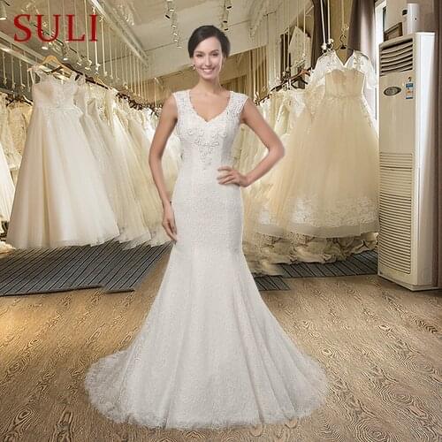 SL001 V-Neck Ivory Mermaid Bridal Gown Appliques Lace Bridal Dress Backless Wedding Dress