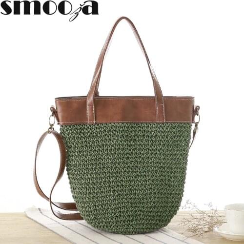 SMOOZA Women Shoulder Bags HandBags And Purses Straw Beach Crossbody Bags 2020 New Fashion Large Woven Solid Color Bucket Bags