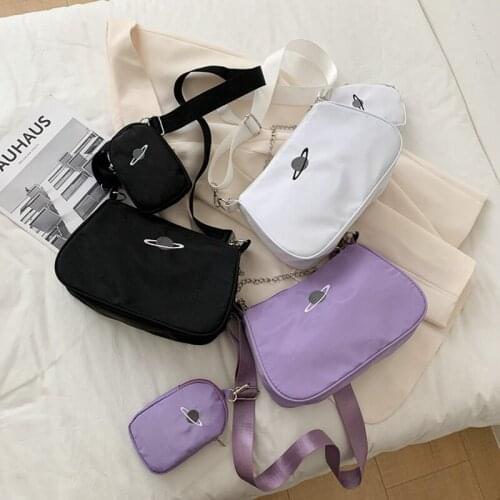 2Pcs Casual Nylon Women Shoulder Bag 2 In 1 Chain Zipper Girl Crossbody Handbag With Purse Small Clutch