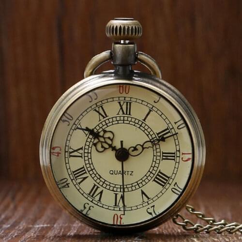 Vintage Simple Style Steampunk Beige Dial Roman Numbers Small Pocket Watch Necklace Pendant with Chain Reloj De Bolsillo P96