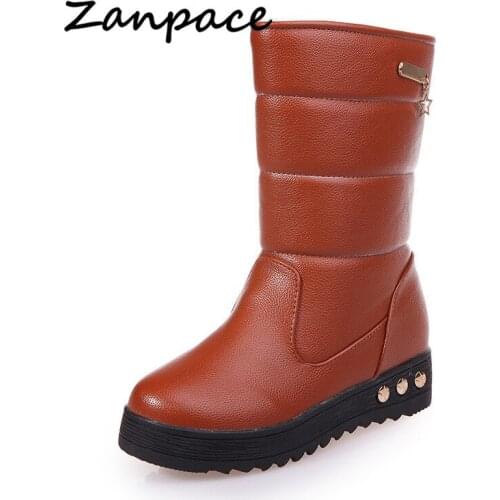 Zanpace Waterproof Womens Boots Thick Plush Keep Warm Shoes Winter Boots For Women Snow Boots Mid-tube Leather Boots