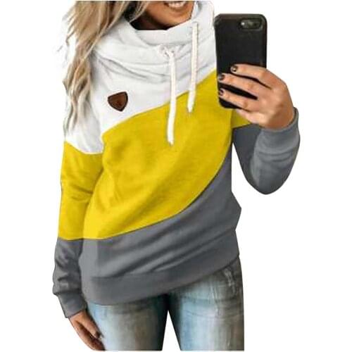 Autumn Winter Women Cowl Neck Color Block Patchwork Fall Hoodie Sweatshirt Long Sleeve Pullover Casual Warm Hooded Tops 5XL