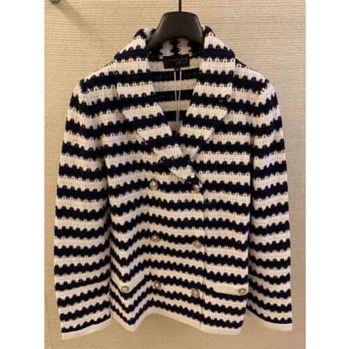 Women Striped Knitted Jacket 2021 Early Spring Lady Double-breasted Lapel Gold Button Elegant Cardigan Sweater