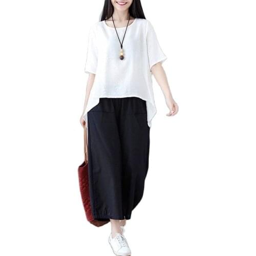 Womens Set 2021 Summer New Cotton Linen T-Shirt Tops & Wide Leg Pants Two-Piece Fashion Retro Womens Suit 2 piece set A196