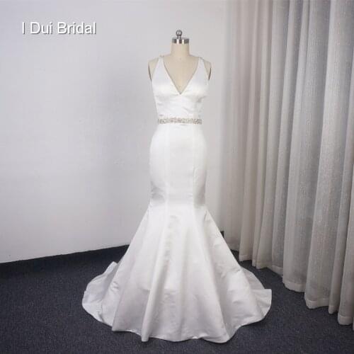 Mermaid Satin Wedding Dress Low Back with Rhinestone Crystal Beaded Strap Simple Elegant Bridal Gown