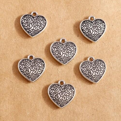 20pcs 13*14mm Vintage Silver Color Alloy Heart Charms Pendants for Making Necklace Bracelets Handmade Jewelry Crafts Making
