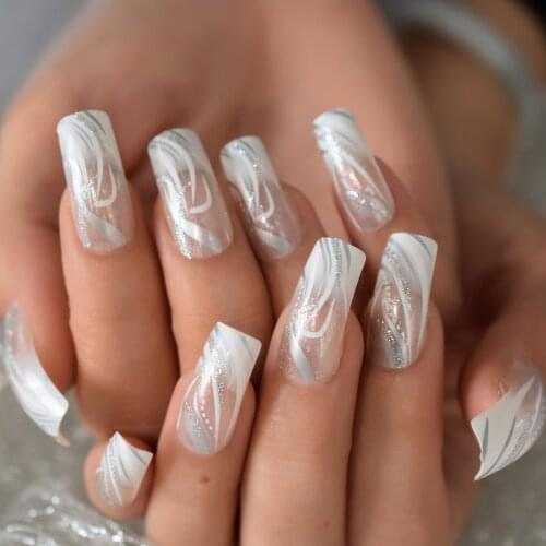 24pcs/set New Launch Fake Nails Glitter White Ombre Transparent Press On Nail Art Pattern Decorattion Curved Medium Long Nail