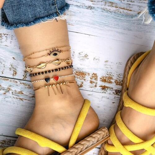 HI MAN 5Pcs/Set Hip-Hop Rock Mixed Devils Eye Shell Heart Handmade Beaded Anklet Women Personality Couple Jewelry