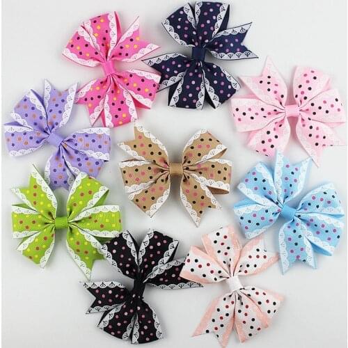 8cm 100pcs/lot Girl Grosgrain Ribbon Boutique Hair clip print dots Bows For Teens Girls hair accessories