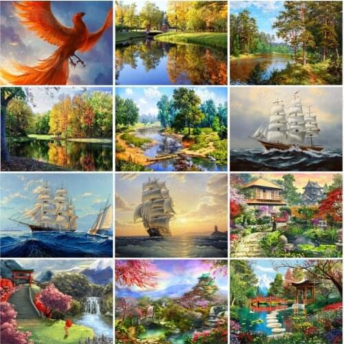 Diy Diamond Painting Red Phoenix Beautiful Still Life Forest Natural Scenery Sailing Boat Sailing On Sponge Decoration Poster