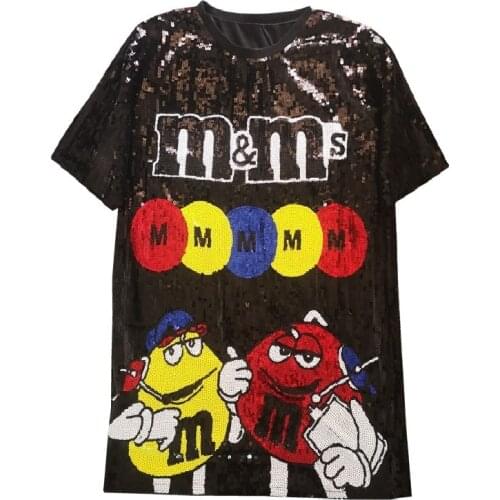 CHICATWILL Ins Summer Autumn Europe Fashion Funny Cartoon Bling Sequined Long T-Shirt Top Hiphop Punk Dresses