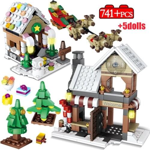 City Street View Christmas Cottage House Building Blocks Architecture Friends Santa Claus Elk Figures Bricks Toys for Children