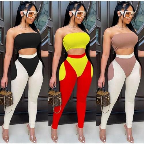 Patchwork Color contrast Elastic Two Piece Set For Women Sleeveless Crop Top Skinny Pants Set Casual Fitness Slim Female Outfits