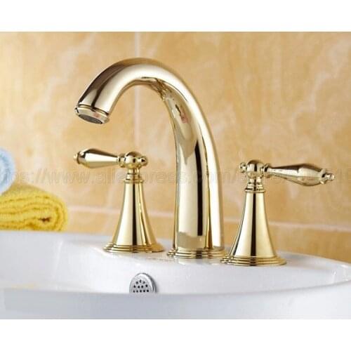 Basin Faucet Deck Mounted 3 piece set Bathroom Luxury Gold Color Brass Two Handle Sink Mixer Tap znf237