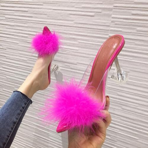 Summer Shoes New Sexy Feather Woman Slippers Transparent Perspex High Heels Fur Stiletto Peep Toe Mules Lady Slides Black 35-43