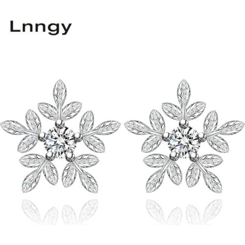 Lnngy Fine Christmas Snowflake Flower Earrings Charm 925 Sterling Silver Stud Earrings for Women Korean Fashion Jewelry Gifts