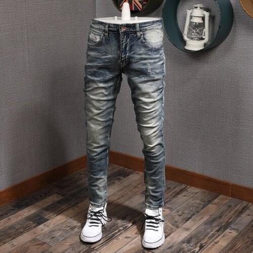 Italian Style Fashion Men Jeans High Quality Elastic Slim Fit Ripped Denim Pants Homme Retro Wash Vintage Designer Long Trousers
