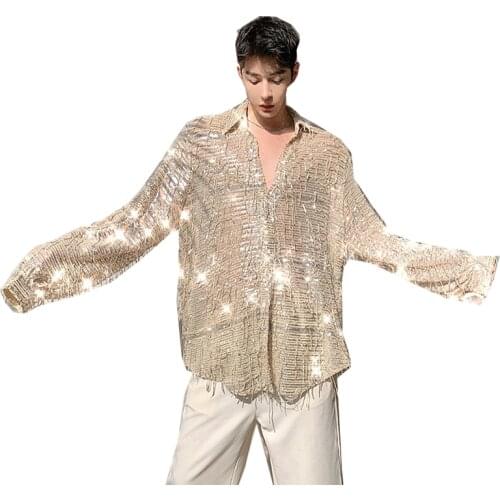 Mens sequin tassel transparent long-sleeved shirt mens fashion retro streetwear loose shirt stage costume show