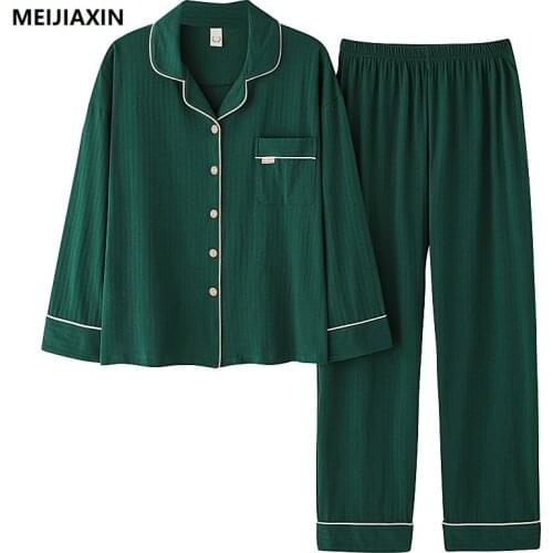 Autumn Pajamas For Men Sleepwear Suits Knitted Cotton Pijamas Long Sleeve Turn-down Collar Cardigan Plus Size 3XL Male Homewear