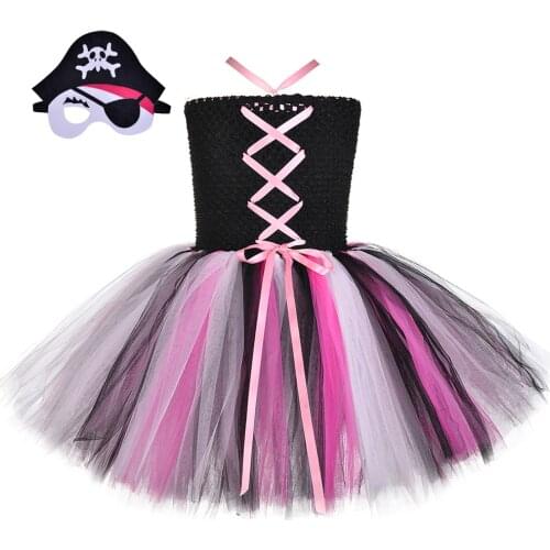 Toddler Baby Girl Tutu Dress Pirate Cosplay Costume for Girls Fancy Dresses Kids Halloween Costumes with Pirates Hat Mask 1-14Y
