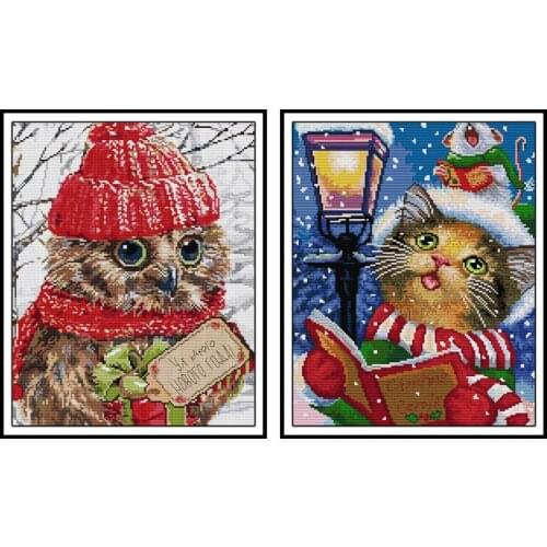 Christmas Cat Counted Cross Stitch Sets DIY 14CT 11CT Christmas Owl Printed Canvas Embroidery Kits Crafts Home Decor Needlework