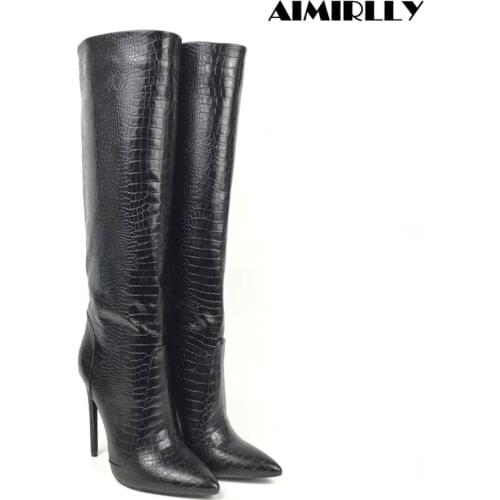Boots Women Pointed Toe Straight Shaft Knee High Boots Wide Ankle Large Size Slip On Winter Dress Knee Boots