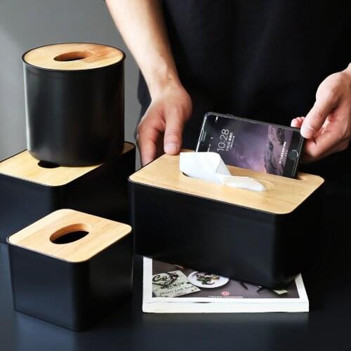 Modern Black Color Tissue Containers with Phone Holder Wood Cover Seat Tyle Roll Paper Tissue Canister Cotton Pads Storage Box