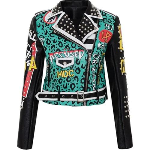 Street style autumn spring Graffiti pattern Jackets Women Ladies Motorcycle Punk Cropped pu leather Jacket with belt Y471