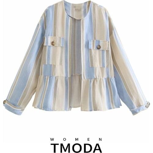 TMODA1659 Za 2021 Summer Women Fashion Open Front Ruffle Linen Jacket Vintage Long Sleeve Button Flounced Hem Female Tops Mujer