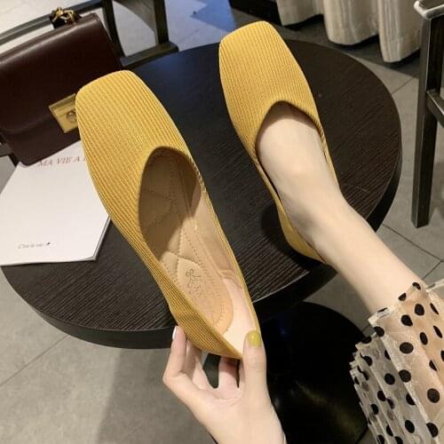 Women Summer Breathable Knitted Square Head Single Shoes Spring Casual Lazy Shoes Womens Flat Shoes Pregnant Shoes