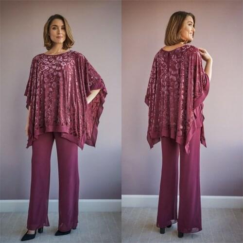 Burgundy 2021 Mother of the Bride Pant Suits Two Pieces Long Lace Jumpsuits Prom Gowns Plus Size Wedding Guest Dress